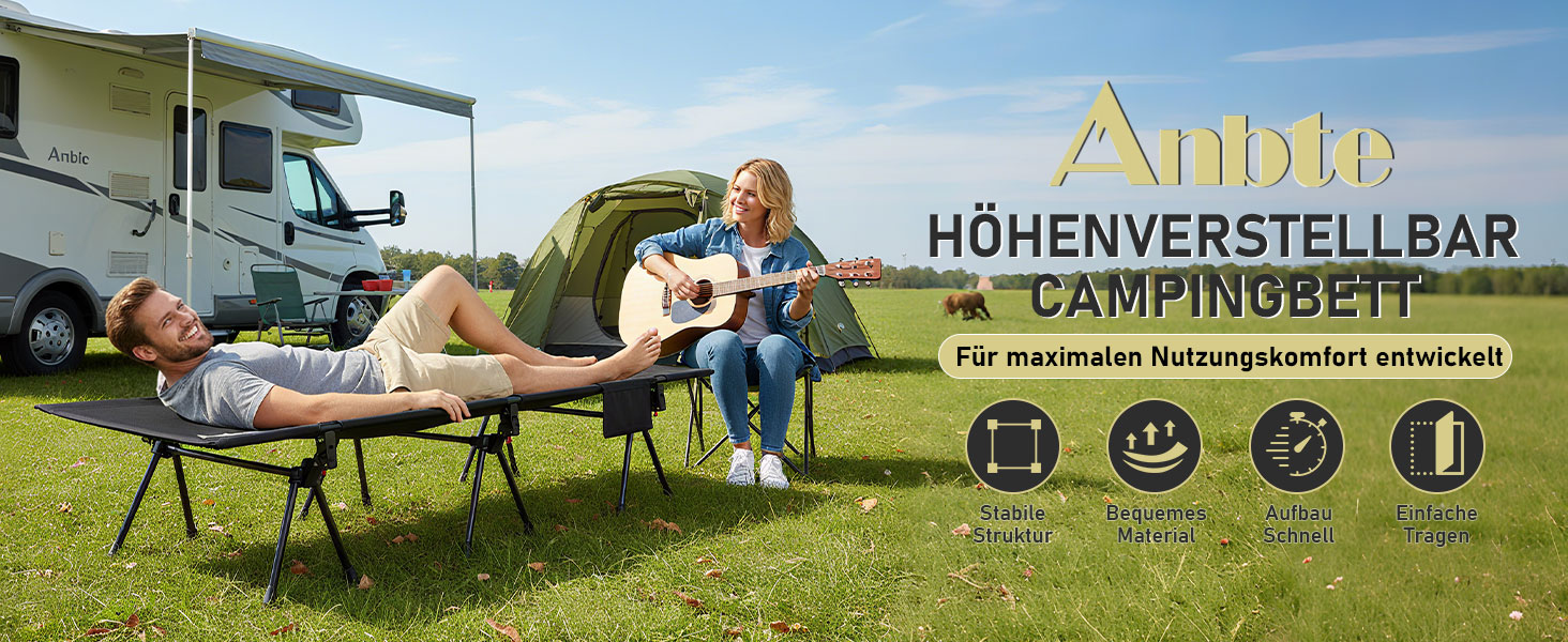 Кемпінгове ліжко Anbte: легке, розкладне, 190x70 см, алюміній, 2 положення висоти, до 180 кг, з сумкою