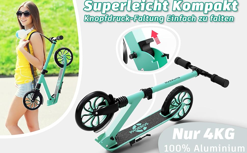 Дитячий трюковий самокат PHOEROS для дітей, підлітків та дорослих. Легкий міський самокат з алюмінію з великими колесами 200 мм, складний, 3-рівнева регулювання висоти, амортизація.