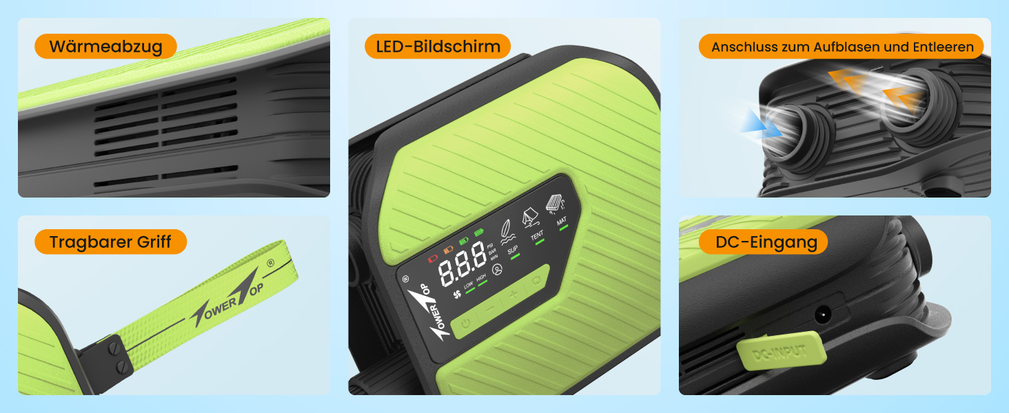 Насос електричний TowerTop для SUP дошки, каяків та автомобілів, 50 PSI, 10500mAh, 8 насадок, зелений