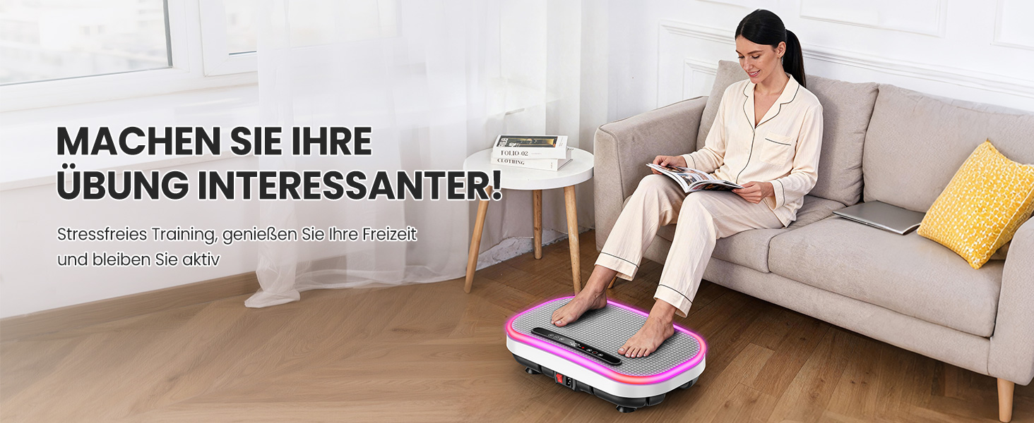 Вібраційна платформа для схуднення з еластичними гумками, 9 режимів, 120 рівнів інтенсивності, Bluetooth, LED-дисплей, місткість 150 кг, білий