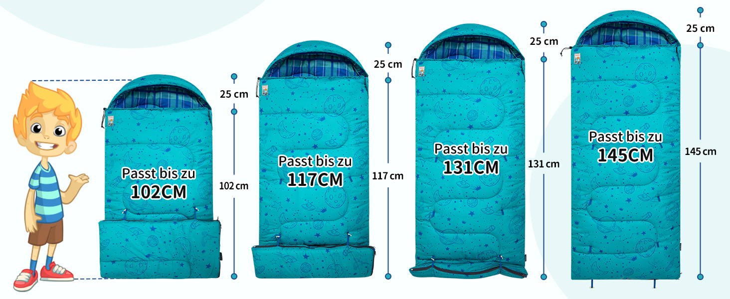 Сплячий мішок KingCamp для дітей, фланелевий, легкий, водонепроникний, компактний, зимовий, 4 сезони, для кемпінгу, підходить для дітей до 140 см, комфортна температура: 7°C, регульована довжина