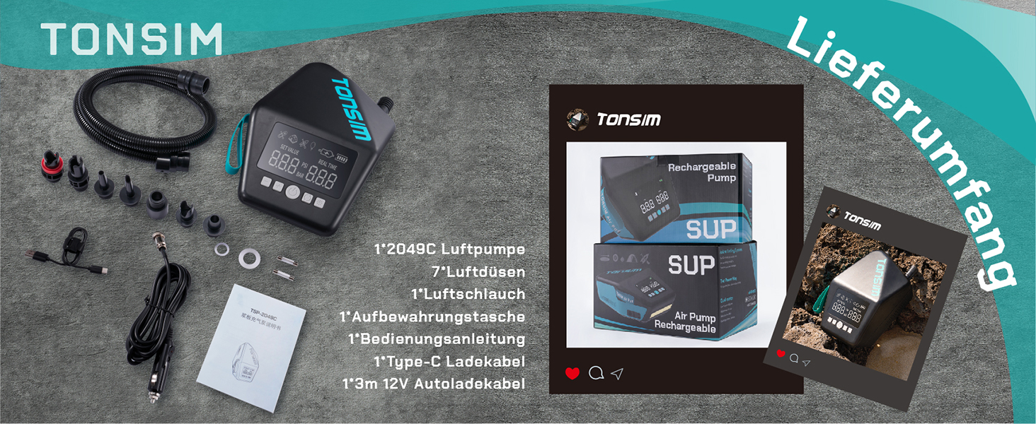 Електричний насос Tonsim Sup Pumpe 20 PSI для SUP-дощок, каяків та наметів з акумулятором та автопідключенням 12V