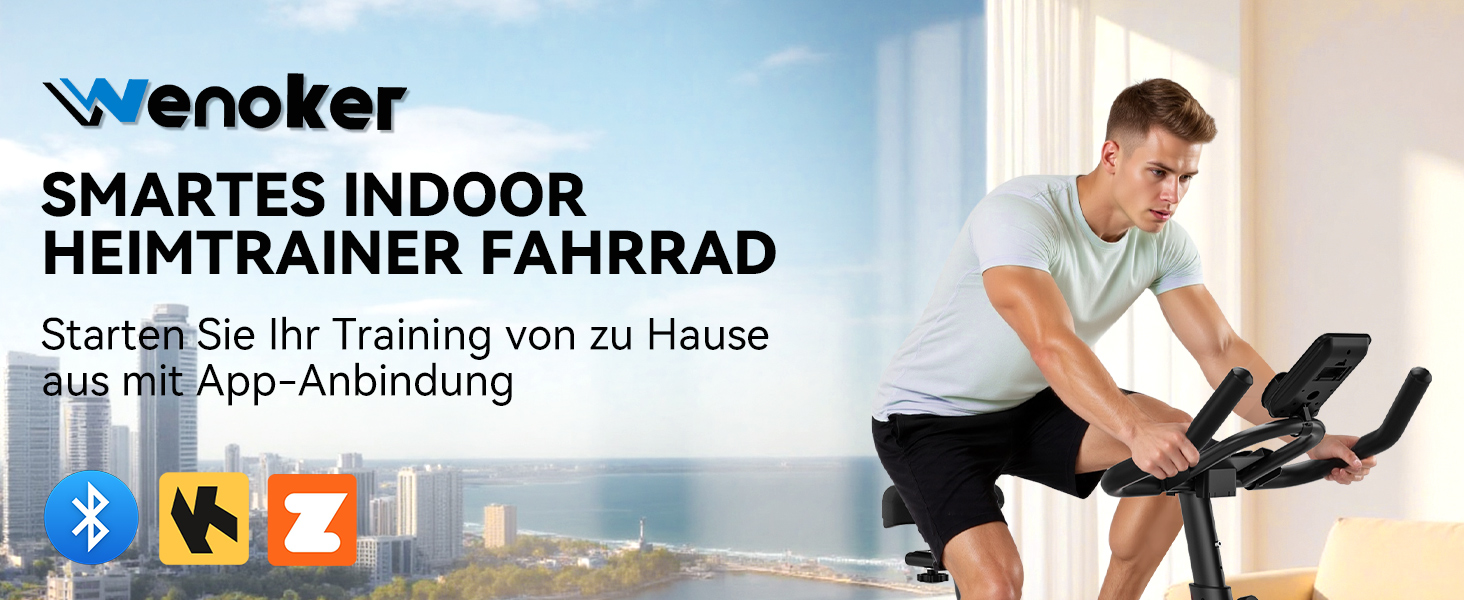 Велотренажер Wenoker з додатком, тихий ергометр, фітнес-велосипед для кардіотренувань вдома, до 160 кг, чорно-синій