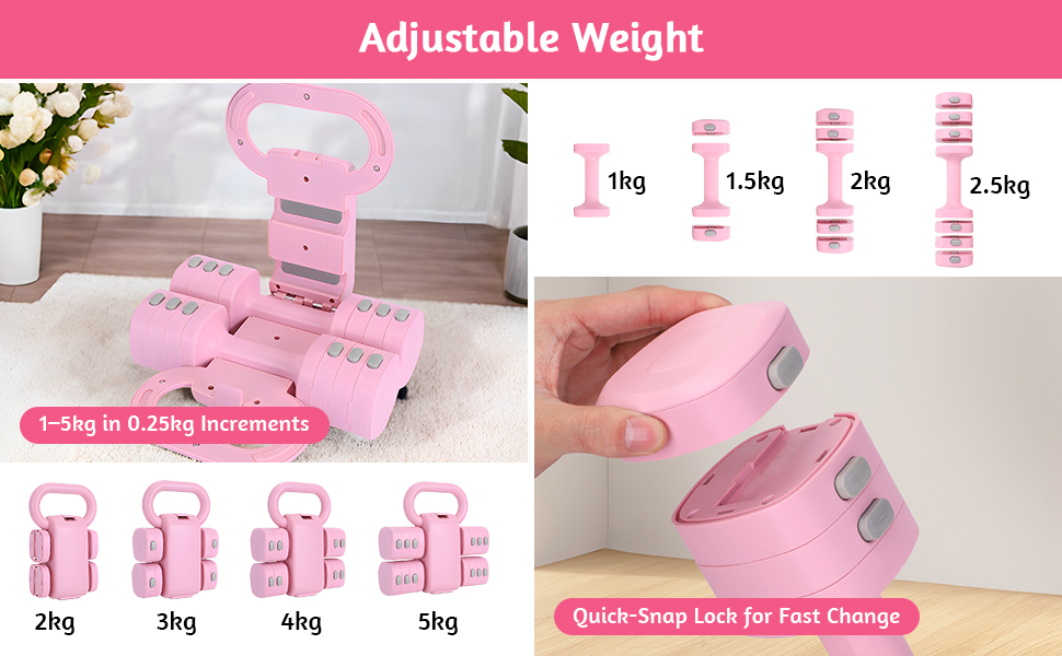 Регульований набір гантелей-кетлбелів для жінок 1 кг, рожевий (2-в-1) для фітнесу вдома