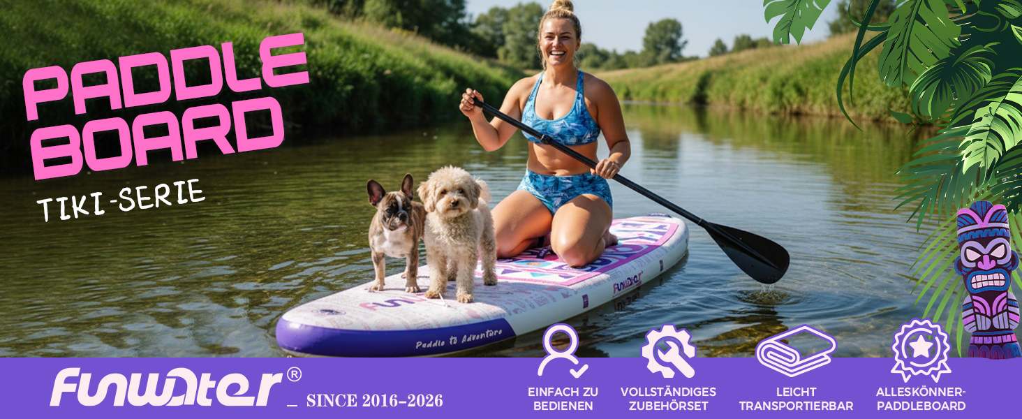 Надувний SUP Борд FunWater 10'6'-11'6' – для початківців та сімей, з антиковзким EVA-деком, веслом, насосом та аксесуарами (10'6-TIKI-Pink/Violett/Weiß)