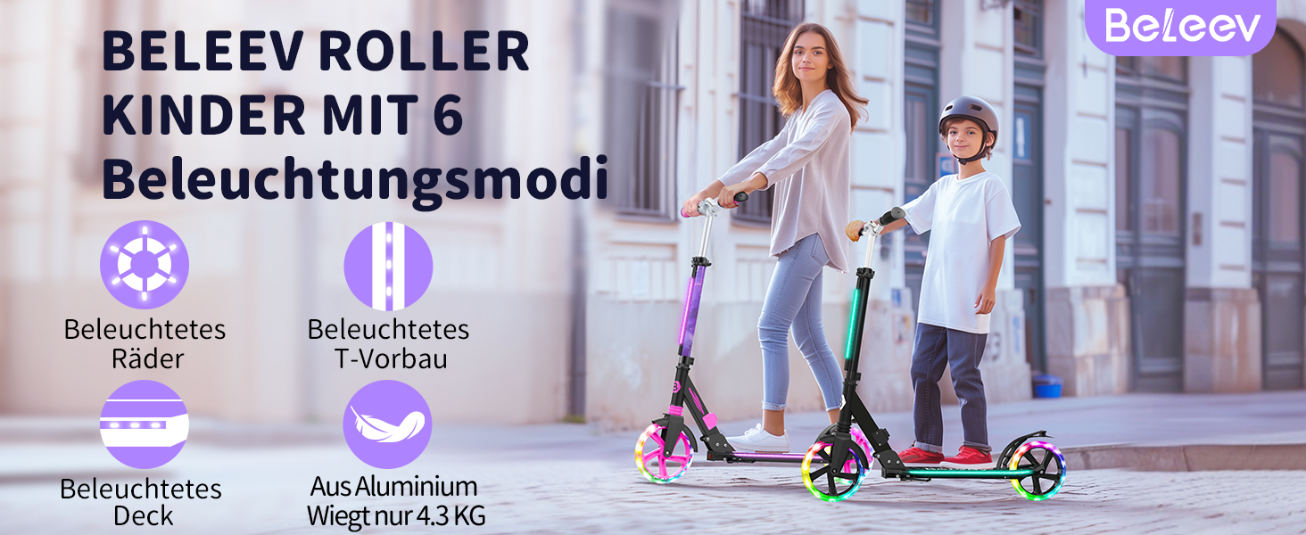 Самокат трюковий BELEEV з LED підсвіткою, регульованою висотою, колесами 200мм, амортизацією, фіолетовий. Для дітей від 6 років, підлітків та дорослих.