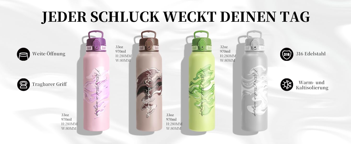 Термос-пляшка UZSPACE 1л (970мл) з нержавіючої сталі, ізольована, з 1-клік відкриванням, без витоку, для спорту, фітнесу, подорожей, зелений