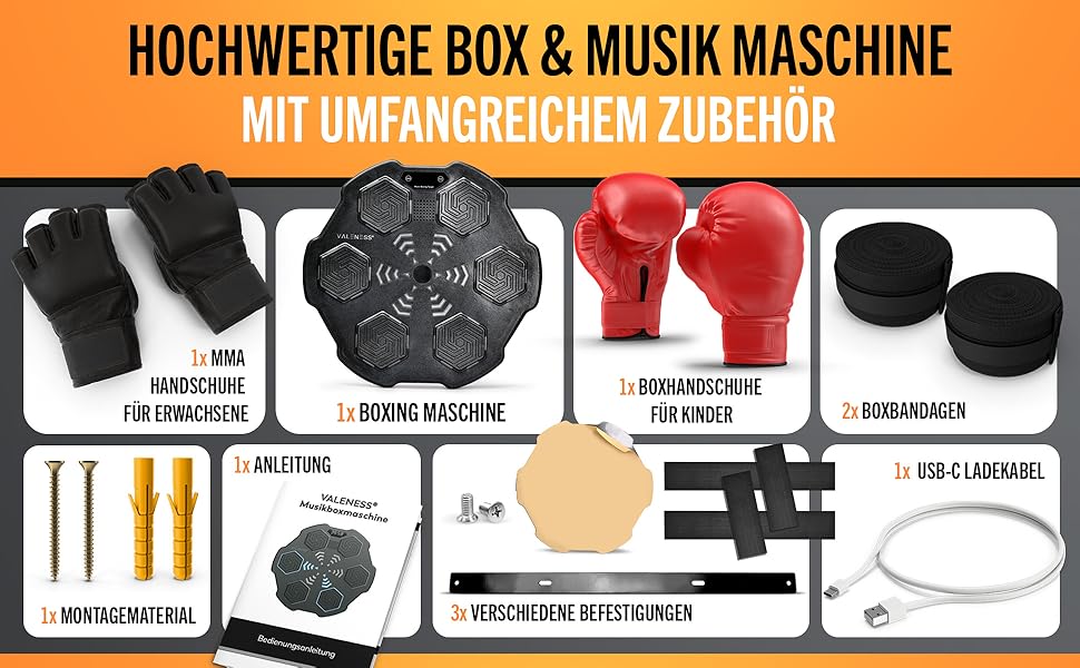 Музична бокс-машина VALENESS® – Smart бокс з музикою та LED, бокс-автомат для стіни, комплект з боксерськими рукавичками. Ідеальне тренування боксу вдома для дітей та дорослих (ручна музична бокс-машина)