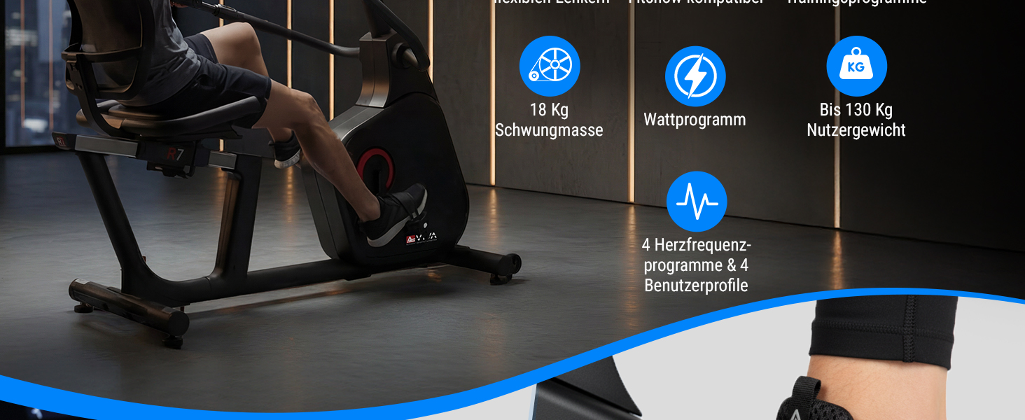 Велотренажер AsVIVA R7 Liegeergometer: Електричний, з сидінням та спинкою, 24 програми, 18 кг маховик, вимірювання пульсу