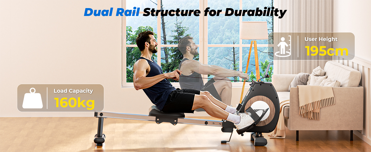 Гребний тренажер ONETWOFIT складаний для дому Pro, 16 рівнів навантаження, кросстренажер до 160 кг, сумісний з додатком, чорний