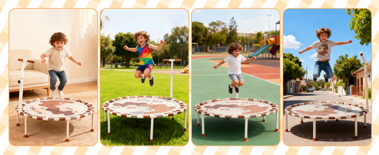 Батут дитячий для дому та саду Ø101 см з регульованою ручкою та пружинним ременем, батут для фітнесу для хлопчиків та дівчаток від 3 років, до 80 кг, бежевий