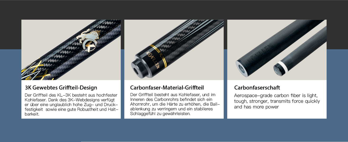 KONLLEN Billardqueue з вуглецевого волокна, 58 дюймів, професійний більярдний кий для дорослих, технологія Vollcarbon, мінімальний відгін, наконечник 12.5 мм (Pro Taper, ультрагладкий) KL-3K