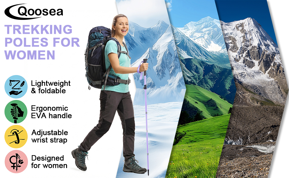 Телескопічна палиця для скандинавської ходьби Qoosea для жінок, вуглецеве волокно, складана трекінгова палиця 110-125 см з гумовим наконечником та сумкою (фіолетова)