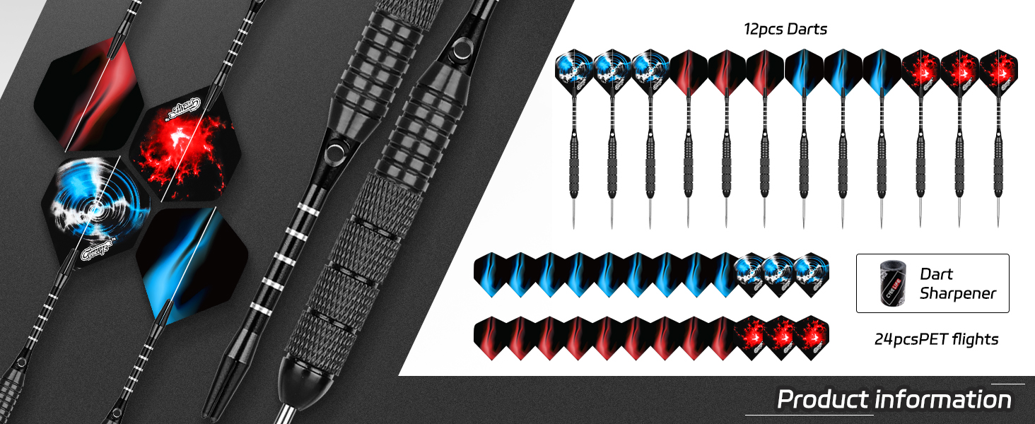 Професійні сталеві дротики CyeeLife з металевими наконечниками (12 шт.) + 24 пір'я + точилка, 22 г (Чорні)