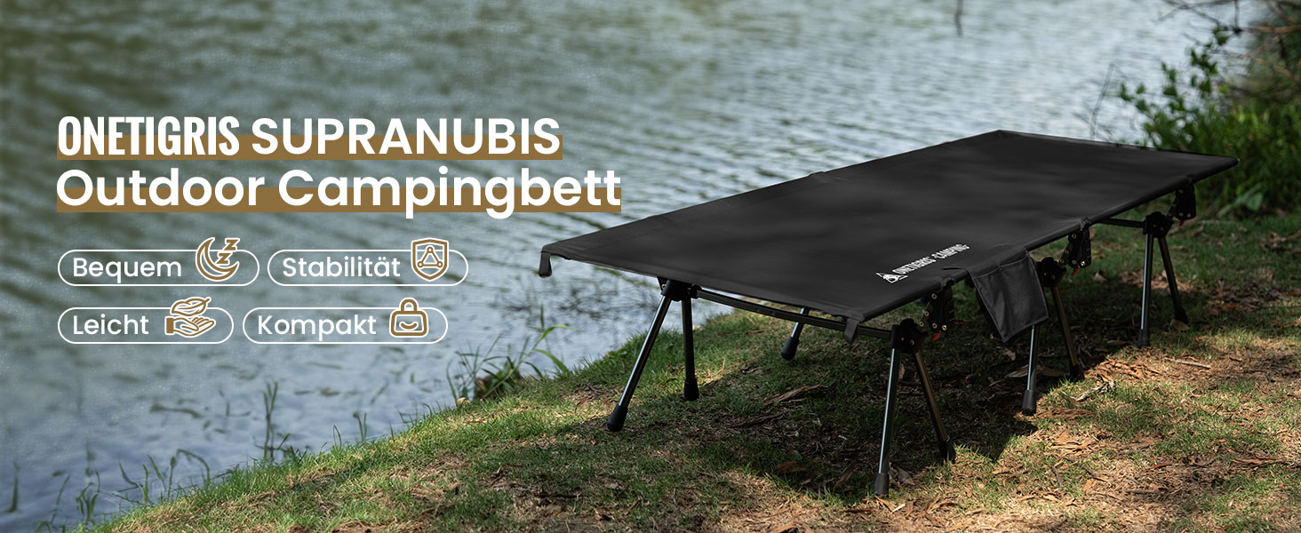 OneTigris SUPRANUBIS складане ліжко для кемпінгу, 190x70 см, легке, портативне, до 150 кг, для відпочинку на природі, у наметі, у подорожах, в офісі, Ranger Green (Чорний)