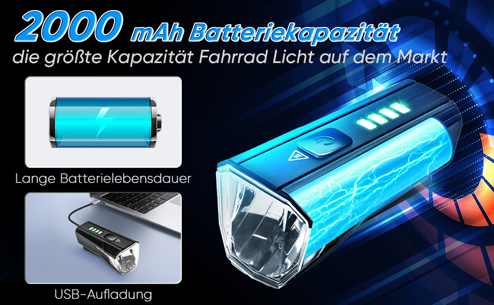 LED набір велосипедних фар 100 LUX, StVZO, USB заряджання, водонепроникний IPX4, передня та задня фара з індикатором заряду