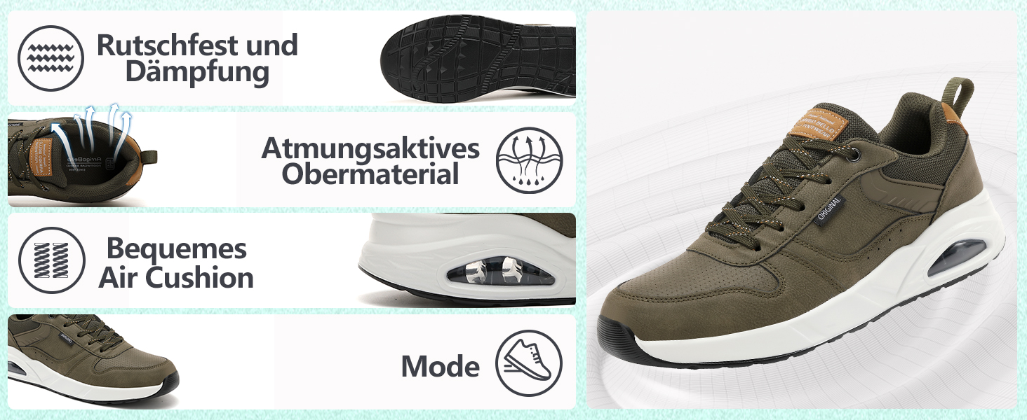 Sneaker TARELO для чоловіків: кросівки з повітряною подушкою, зручні спортивні кросівки для відпочинку, дихаючі, легкі, для тенісу, зелені, 44 EU