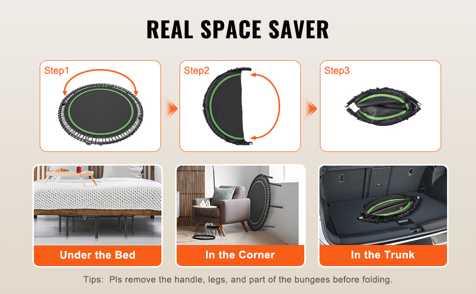 Міні-трамплін VEVOR для фітнесу та ребаунду, діаметр 1295 мм, вантажопідйомність 205 кг, з регульованим руків'ям та 42 ременями