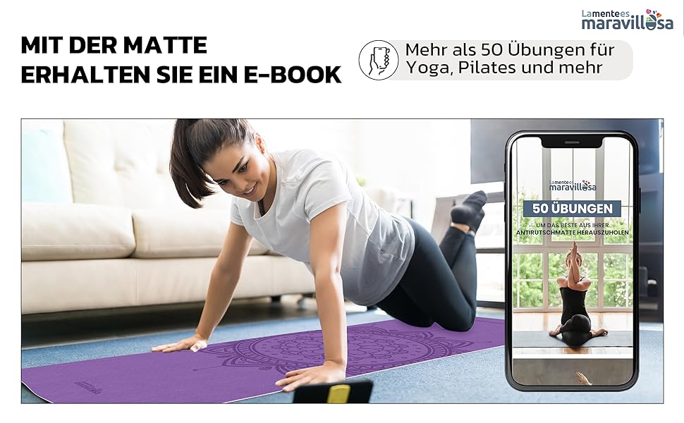 Килимок для гімнастики та йоги LA MENTE ES MARAVILLOSA з TPE, 183x61 см. Зручний для фітнесу, пілатесу, з сумкою та інструкцією. Захищає суглоби, для занять в приміщенні та на вулиці. Мандала, ліловий + рожевий