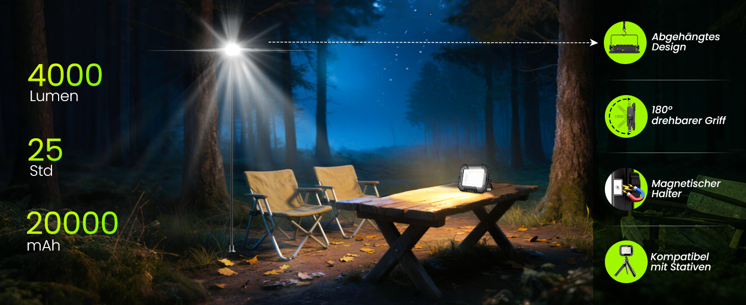 LED прожектор на акумуляторі CLV 200W, 20000mAh, IP66, вологостійкий, 4 режими, 2 рівні яскравості, USB, сонячна панель, для кемпінгу, будівництва, аварійне освітлення (чорний)