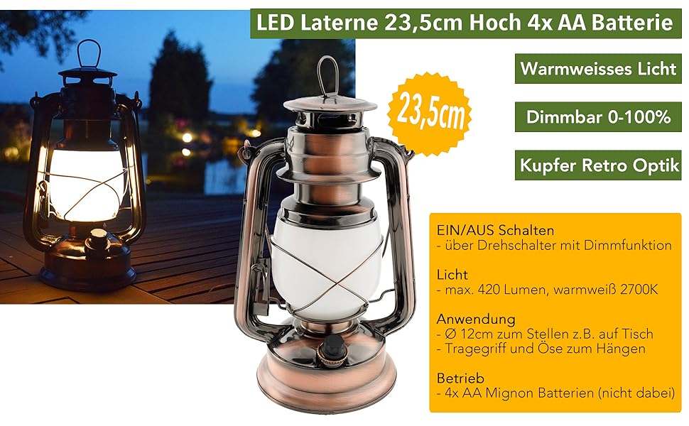 Ліхтар кемпінговий LED ChiliTec 23 см, регулювання яскравості, вінтажний дизайн, мідь