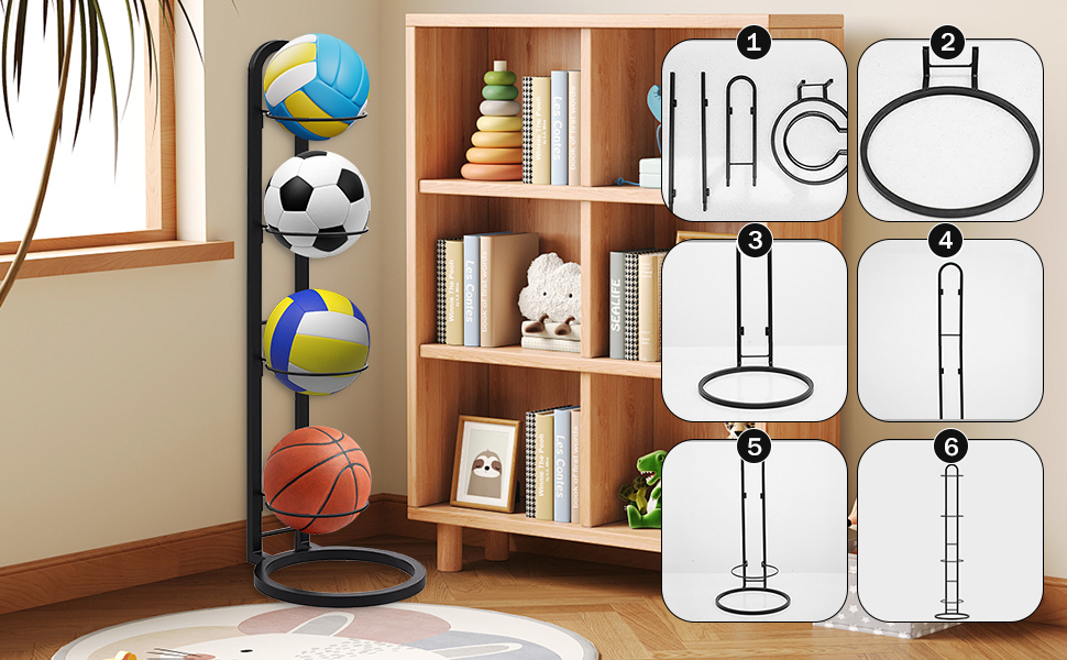 Стельовий органайзер для м'ячів на 4 яруси, з вуглецевої сталі, для футболу, волейболу, баскетболу, гараж, спортзал