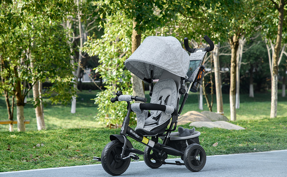 Триколісний велосипед HOMCOM 6-в-1 з батьківською ручкою для дітей 1-5 років (до 25 кг), з реверсом, кошиком, тримачем для пляшки, сонцезахисним дахом (сірий)