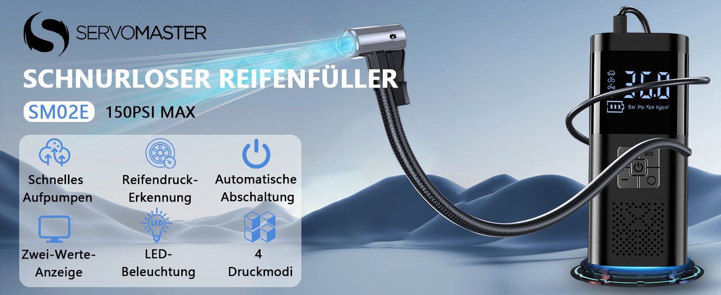 Електрична повітряна помпа SERVOMASTER з манометром, акумуляторна, 150 PSI, LED, для велосипеда, авто, мотоцикла