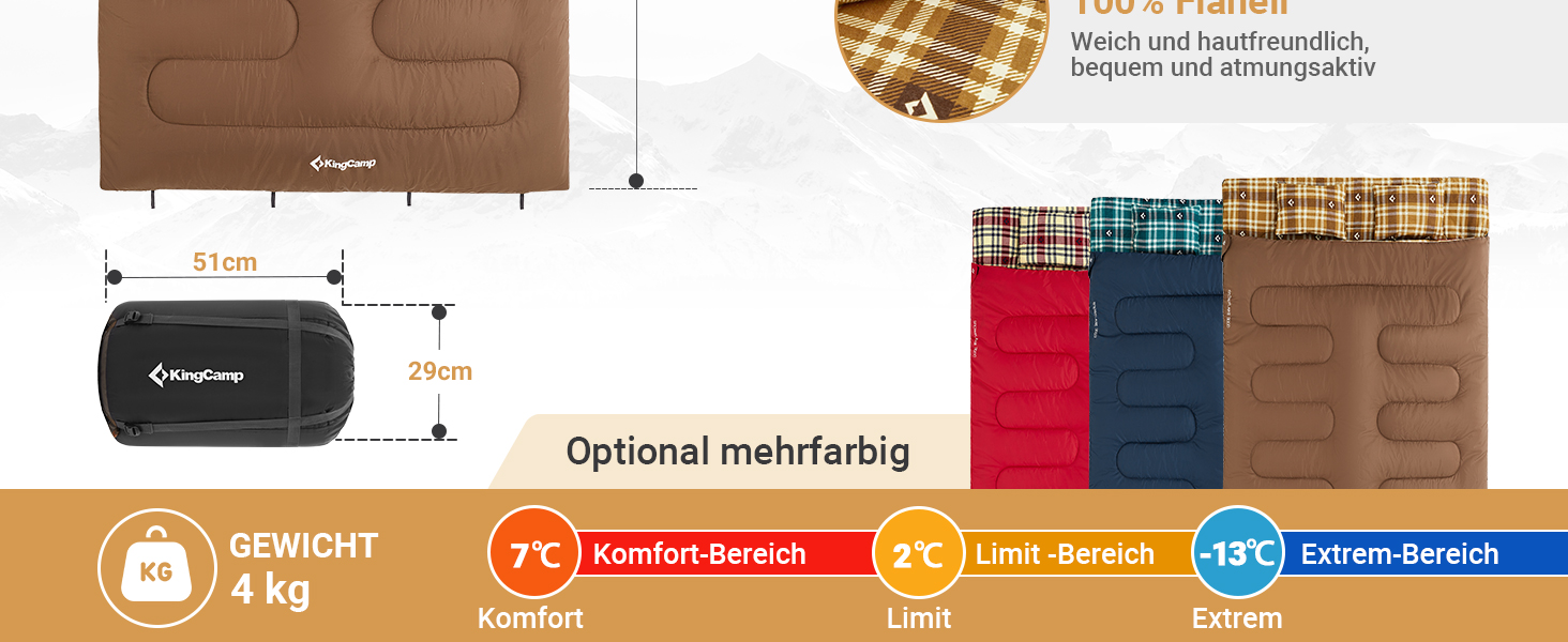 Спальний мішок KingCamp для 2 осіб з фланелі, зимовий, теплий, 3-4 сезони, з 2 подушками, для кемпінгу та відпочинку на природі, синій