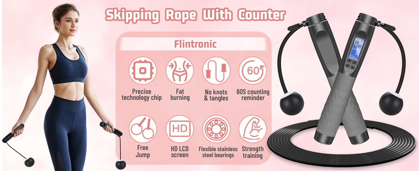Скакалка з лічильником Flintronic, скакалка для фітнесу, швидка скакалка, регульована скакалка з антиковзними ручками для інтервальних тренувань, HIIT, сіра та чорна