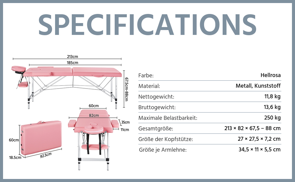 Мобільний масажний стіл Yaheetech шириною 70 см алюмінієвий масажний стіл регулюється по висоті 2 зони складний з сумкою для перенесення та підголівником до 250 кг з навантаженням (213 x 82 см, світло-рожевий)