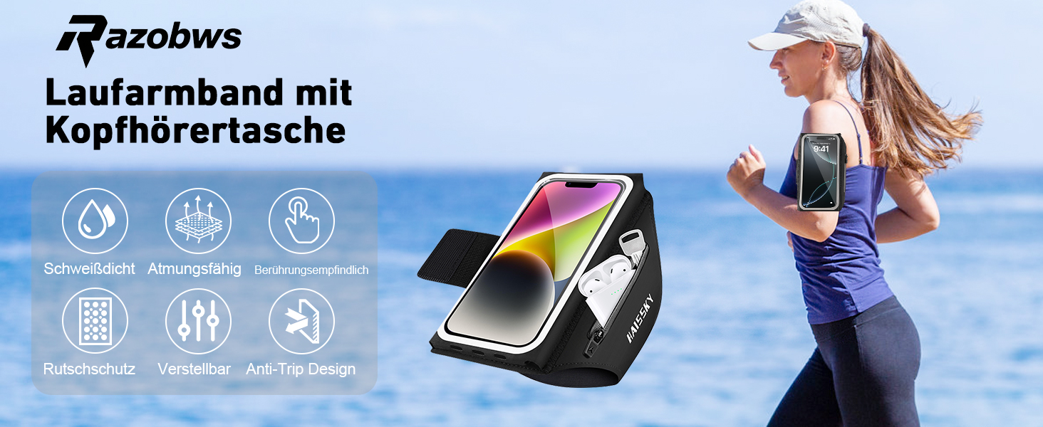 Спортивний браслет для телефону: фіксатор для бігу, чорний, на 6.9 дюйми, з кишенею для навушників (iPhone, Galaxy)