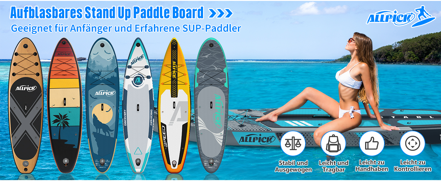 Надувний SUP Борд ALLPICK Premium Set: Комплектація для початківців та просунутих, з камерою, регульованим веслом, 200 кг, колір: ошм'ятково-блакитний