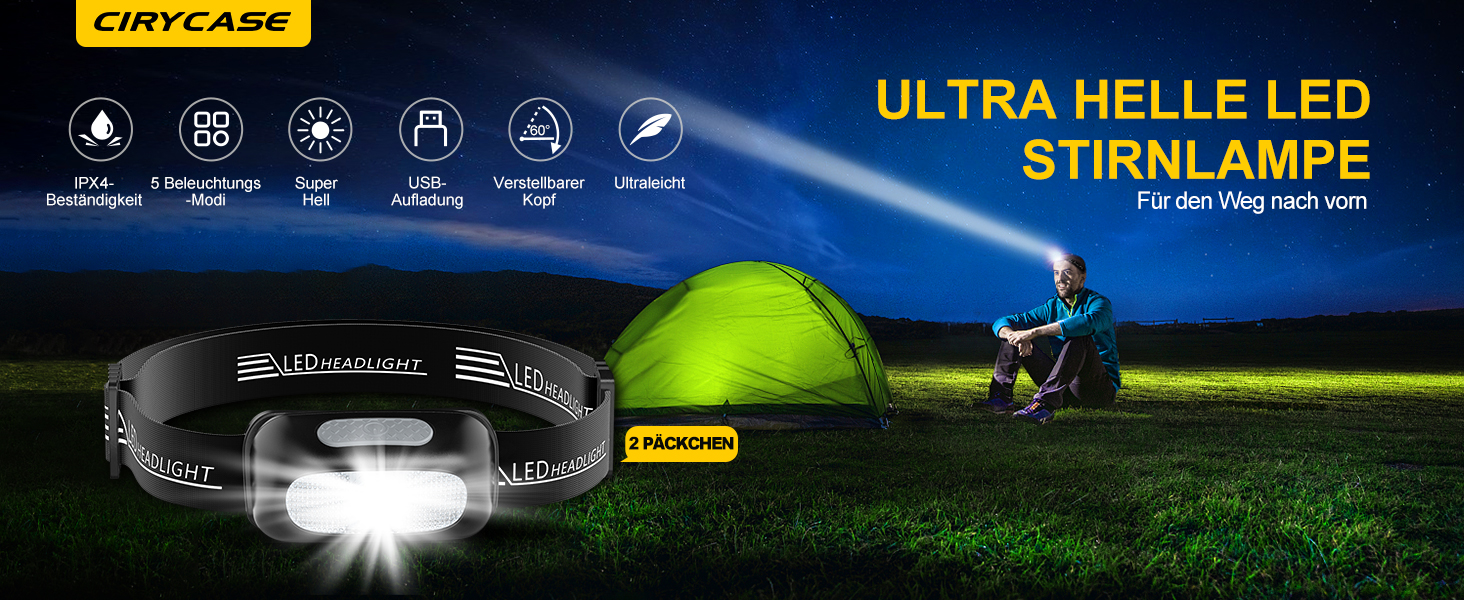 Налобний ліхтар LED, перезарядна модель з червоним світлом та 5 режимами, водонепроникний IPX4, регульований, для бігу, кемпінгу, велоспорту, 2 шт.