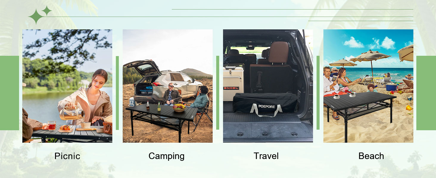 Розкладний туристичний стіл Poeopore для кемпінгу, 140x70x70 см, чорний, на 4-6 осіб