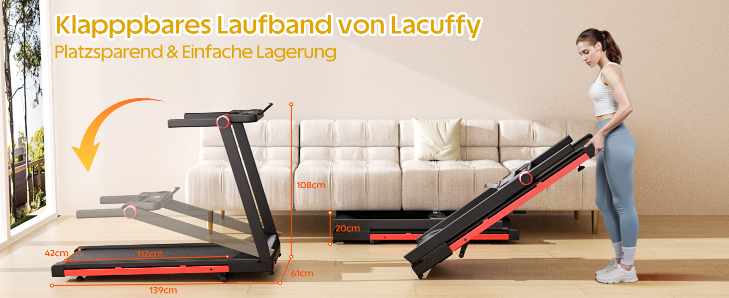 Lacuffy Біговий тренажер для дому, складаний, Walking Pad з нахилом 6%, велика площа для бігу 112 * 42 см, вантажопідйомність 158 кг, для високих людей (Синьо-Чорний)