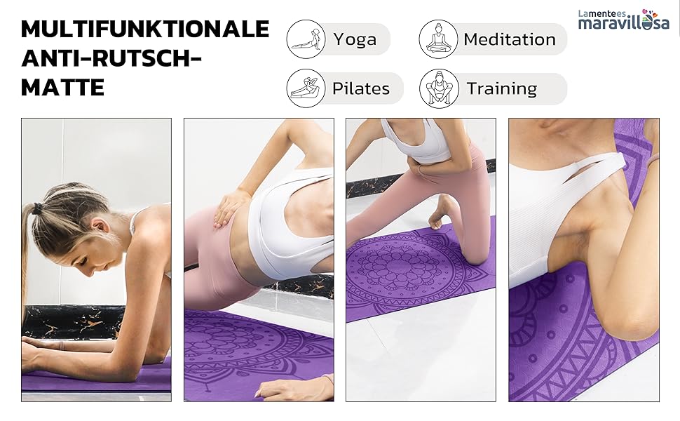 Килимок для гімнастики та йоги з неслизьким покриттям, з сумкою та E-book, 183x61 см, Мандала, фіолетовий + чорний