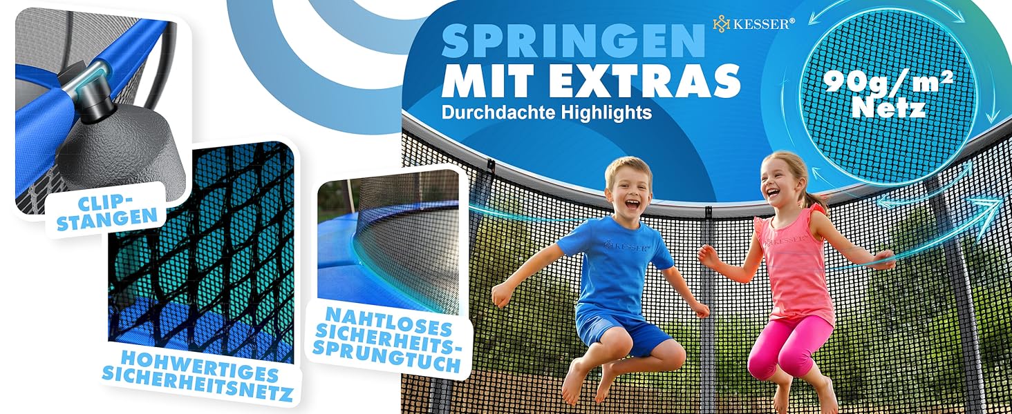 Батут KESSER® Outdoor Ø 244/305/366/427 см з сертифікатом GS, для дітей та дорослих (до 150 кг) з захисним сітком, сумкою, сходами, захисним бортиком та м'якими стійками сітки, антрацит