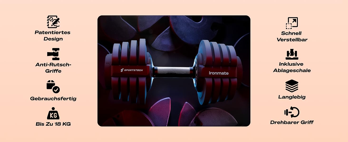 Регульовані гантелі Ironmate для дому, 1.5-18/24/40 кг, з дисками, 12-16 ваг, компактні, з неслизьким грифом, для силових тренувань, з підставкою Ironmate 18 чорні