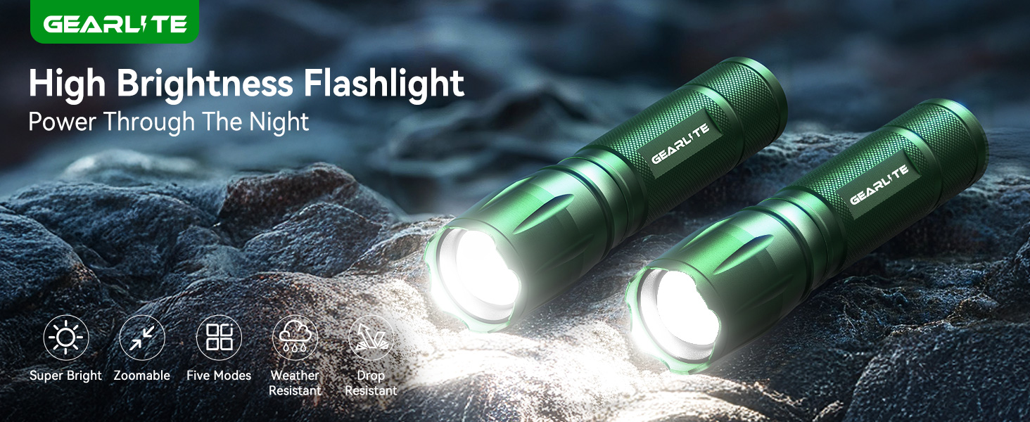Потужний LED ліхтар GEARLITE на батарейках, 2000 Люмен, 5 режимів, зум, водонепроникний IP65 для кемпінгу, походів та надзвичайних ситуацій (Зелений, 2 шт.)