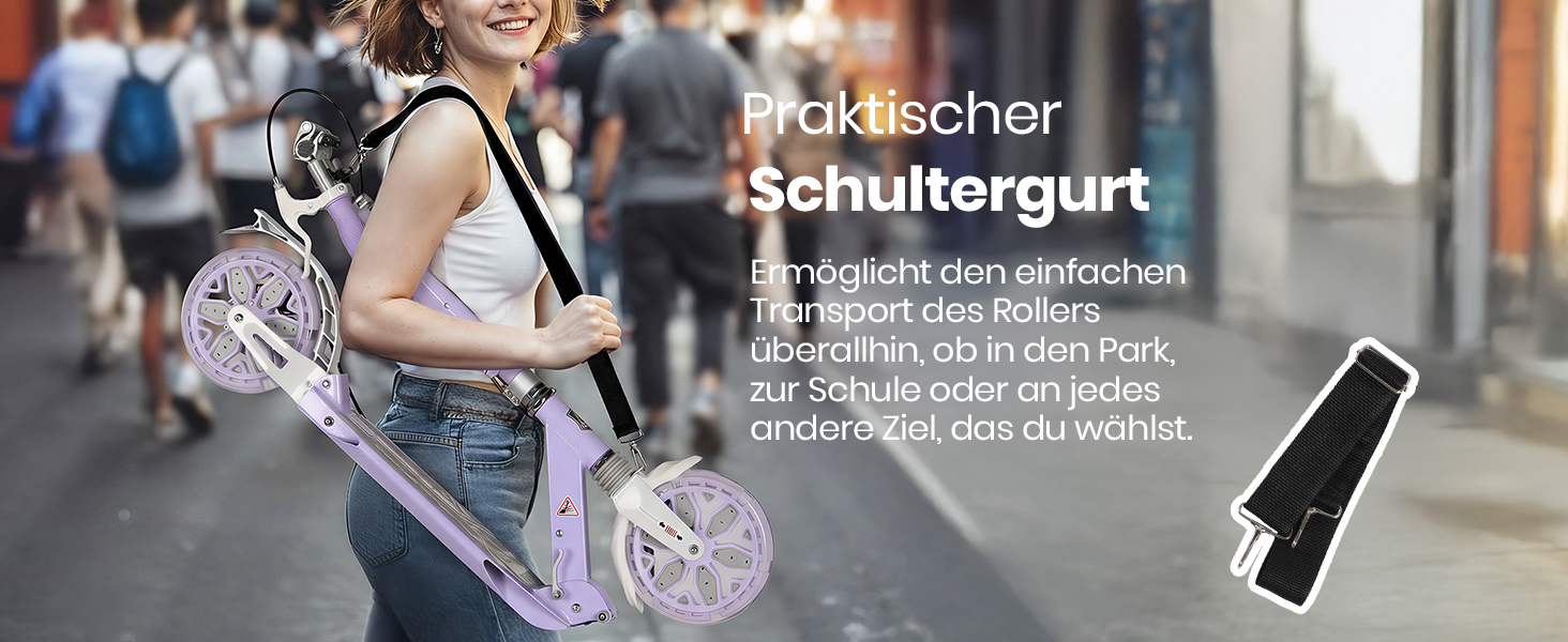 Самокат трюковий Kickscooter LED-ліловий, колеса 200мм, для дітей 8-12 років та дорослих, з дисковими гальмами та подвійною амортизацією, складаний, з ременем для перенесення