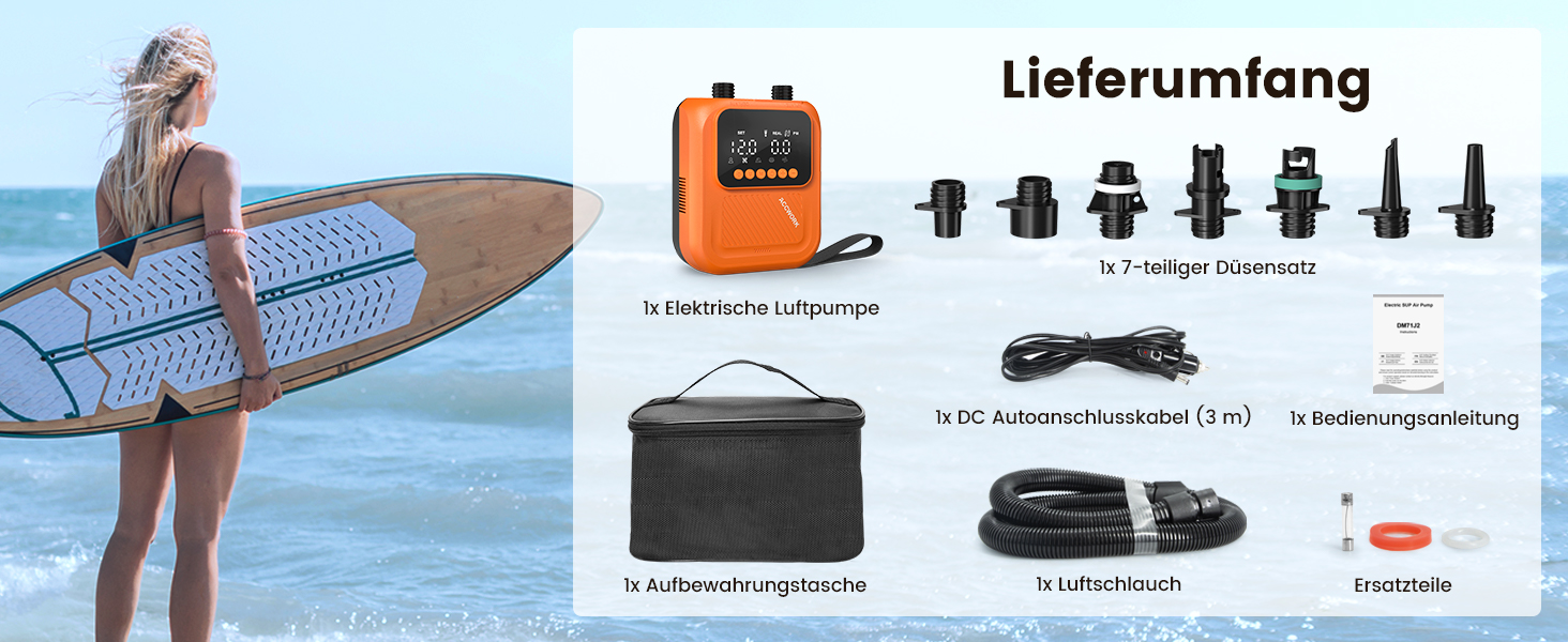 Насос електричний для SUP дошки Accwork 20 PSI, 12V, з адаптерами для каяка, човна, надувного матрацу