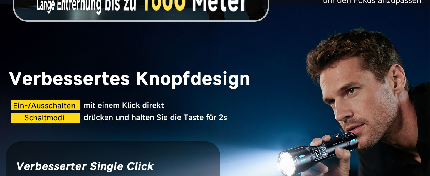 LED ліхтар Esgofo перезарядна, 1000000 люменів, дальність 1000 м, регульований фокус, 15 годин роботи, USB-C, для кемпінгу та безпеки