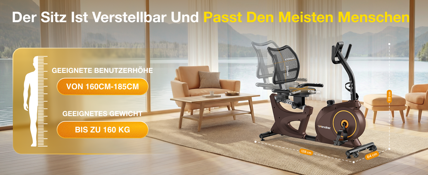 Ергометр для дому з магнітною гальмом, датчиками пульсу та LCD-дисплеєм, 15 рівнів опору, з підніжкою для спини, для людей похилого віку. Міцна конструкція, декілька налаштувань, колір горіх.