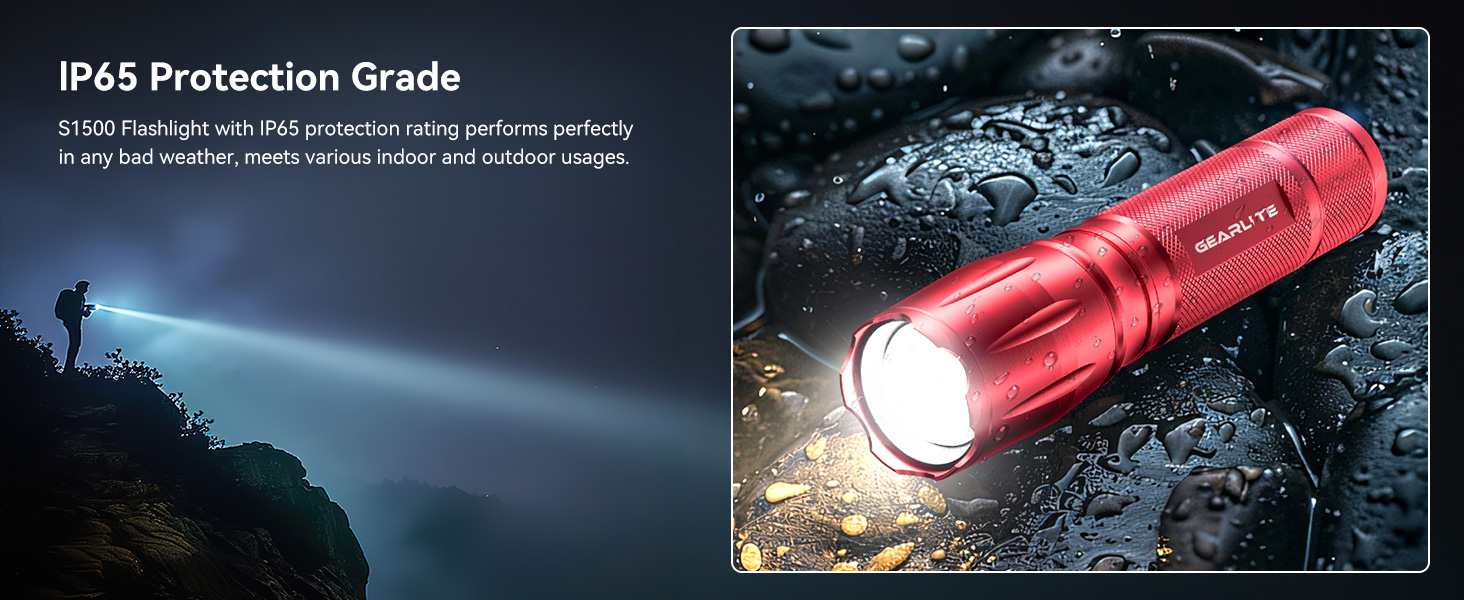 Ліхтарик GEARLITE LED на батарейках, надпотужний 2000 люмен, водонепроникний IP65, з зумом та 5 режимами роботи, червоний (набір 2 шт.) для кемпінгу, походів та екстрених ситуацій