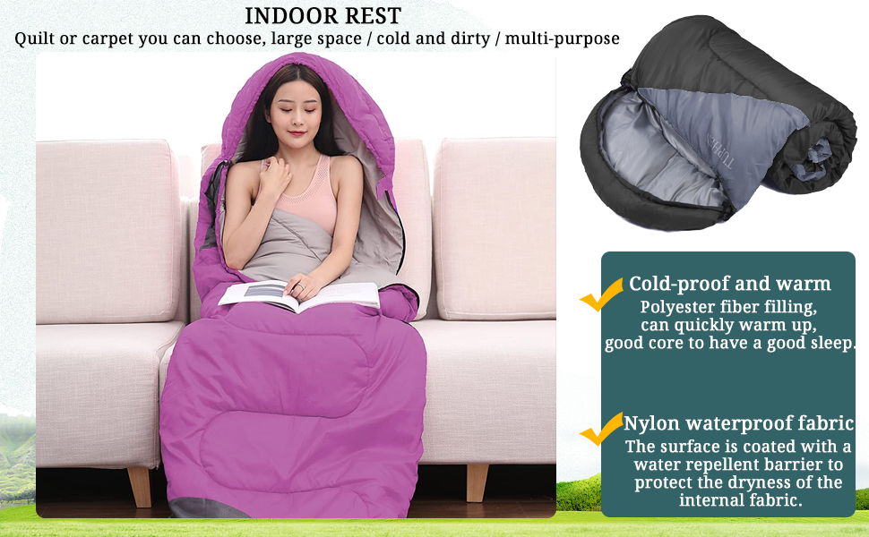 Спальний мішок 3-4 сезони для дорослих та дітей - легкий, водонепроникний, для кемпінгу та подорожей (86.61''x31.49'', фіолетово-сірий)