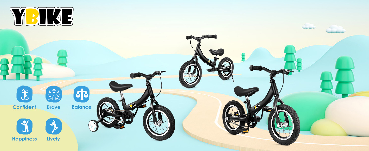 YBIKE 2-в-1: Біговел та дитяче велосипед, 12/14/16 дюймів, з гальмом та педалями, для дітей 1-7 років (Чорний, 16 дюймів)