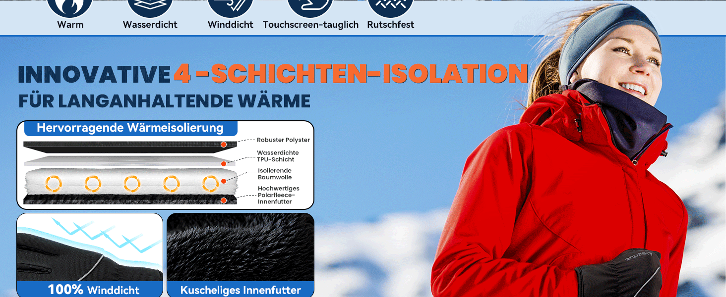 Зимові рукавички HIKENTURE Водонепроникні, велосипедні рукавички для чоловіків та жінок з Polarflausch, теплі та вітронепроникні рукавички з підтримкою сенсорного екрану, антиковзкі рукавички для катання на лижах, бігу та активного відпочинку на відкритому повітрі