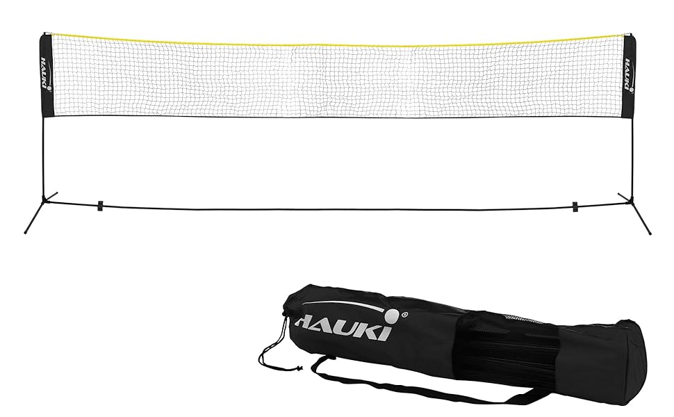 Мережа для бадмінтону та тенісу Hauki 400/500 см, чорно-синя, з сіткою для волейболу, 3 волани, сумка, сталевий каркас
