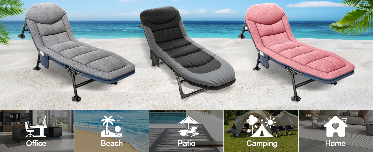 Кемпінгове ліжко AlpineAura - широке, складне, 190x65x30 см, 6 положень, для відпочинку на природі, чорне